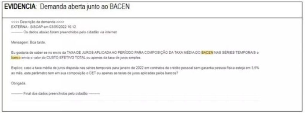 Demanda aberta junto ao bacen